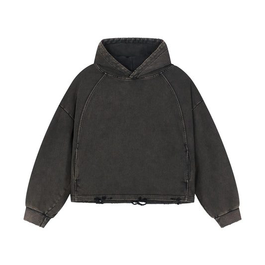 WGS102# BOXY FIT HOODIE 340 GSM DESTRESSED / ACID WASH VINTAGE BLACK [PRE-ORDER]